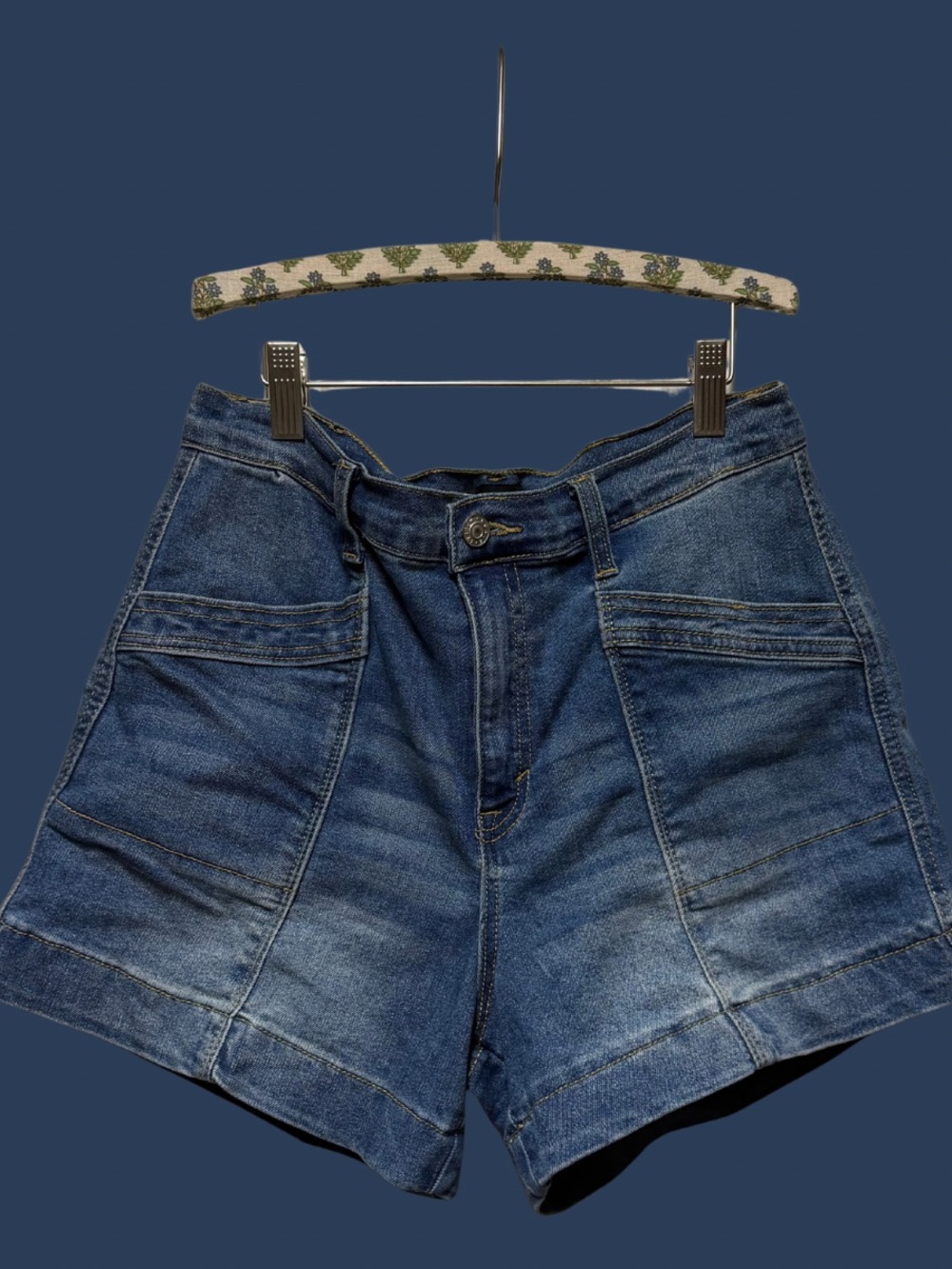 High-Rise Dark Blue Jean Shorts with Panel Stitching
